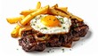 © mienakae - Delicious grilled beef steak with a fried sunny-side-up egg on top, served with crispy golden french fries and caramelized onions. Hearty protein meal isolated on a clean white background.