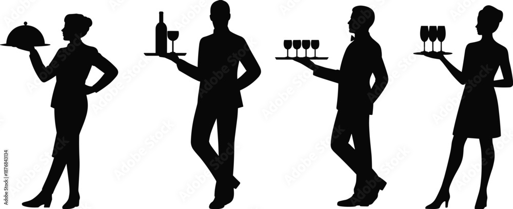 Waitstaff silhouette illustration set, tray service poses, black hospitality icons, beverage presentation graphic, catering staff design, restaurant service art