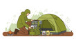 © YESSI - Adventurous Camping Trip Preparation With Backpack Tent Fire and Mountain View
