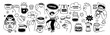 © Foxy Fox - Coffee. Simple doodle coffee elements. Sketch stickers with coffee lover characters, cup, mug, dessert. Badges for cafe, coffee shop branding, social media. Vector set