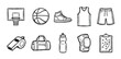 © Liliia - Set of hand-drawn basketball equipment icons including a ball, hoop, jersey, shorts, and sneaker in a black and white doodle style for sports and athletic concepts
