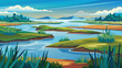 © Ashok Howlader - Vibrant cartoon scene with a winding river and grassy fields