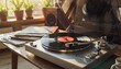 © Lightning - A vintage record player with a vinyl album spinning in a cozy, sunlit room, evoking nostalgia and relaxation for music lovers, home decor and entertainment.