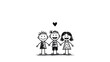 © Arto Genix - Simple hand-drawn doodle of three happy children holding hands with a heart symbol above, representing friendship, unity, and love in a minimalist black and white stick figure sketch.