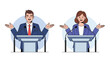 © Fawaz - Male and female public speakers or politicians standing at identical podiums and gesturing expressively during important formal debate.