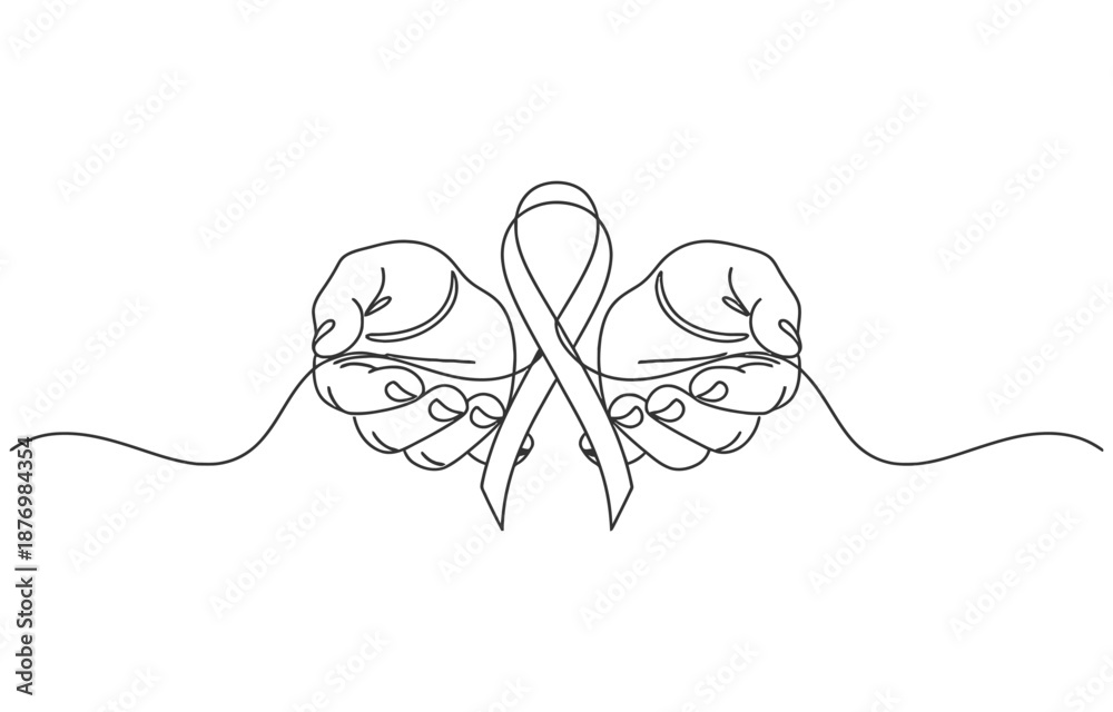 Two Cancer Ribbons Together Two hands holding a ribbon for breast cancer awareness. The ribbon is ...