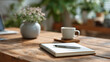 © gleb - Open notebook with black pen and ceramic coffee cup on rustic wooden desk in cozy home office with soft daylight perfect for work-from-home or journaling themes