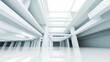 © IMAGES HUB - Modern industrial interior with sleek white beams and reflective floor abstract architectural background for design and technology concepts