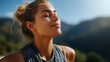 © Nataliya - Fitness calm and breathing of woman outdoors in nature with mountains and blue sky background for yoga wellness, meditation and zen energy, peaceful facial expression, freedom and