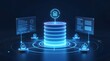 © FANGWORLD - Secure data storage concept with database stack and digital interface elements surrounding a central lock icon in a futuristic blue environment.