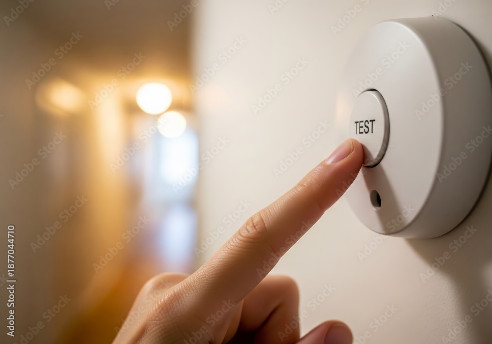 Safety Testing Buttons Woman finger pressing test button on a smoke detector. Home safety ...