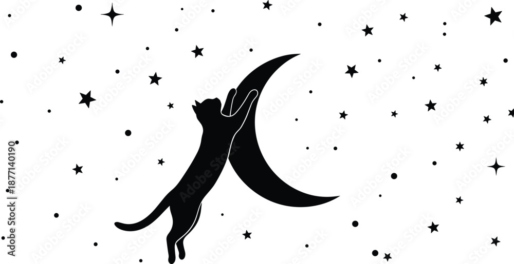 Black Cat Silhouette Climbing a Crescent Moon in a Starry Night Sky Vector Illustration for Halloween Celestial Magic and Whimsical Dreamy Fantasy Art Decor