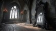 © 楠 刘 - Dimly lit gothic chamber with ornate black mirror reflecting arched stained-glass window, aged wooden floors, cracked walls, cobwebs, and flickering candlelight in haunted interior