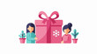 © joni - Two women flank a large gift box with a snowflake design