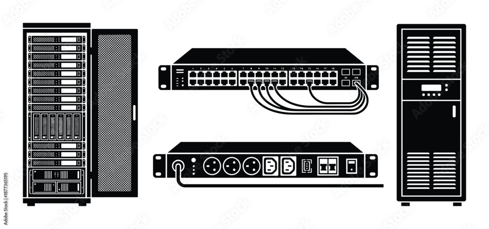 Server Rack Distibution Complete data center setup featuring server rack, network switch with ...