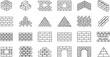 © MdRazaul - Collection of brick wall line art icons featuring various masonry patterns, structures, arches, blocks, and construction elements in vector style