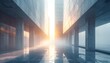 © Garis - Modern concrete buildings flank a bright, misty passage with sunlit end