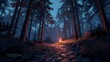 © Muhammad - A serene forest scene with a small campfire burning on a stone path surrounded by tall trees and underbrush at dusk