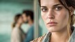 © Maryia - Heartbroken woman with withdrawn expression and blurred kissing couple behind conveying emotional pain isolation relationship breakdown jealousy and silent inner conflict