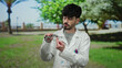 © Krakenimages.com - Young man in glasses and lab coat holds optometry equipment outdoors in a sunny park setting, blending a professional medical demeanor with natural greenery.