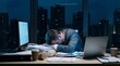 © nurman - Overworked and exhausted businessman sleeping on his desk in a dark office at night.
