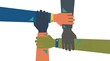 © Hendrik - Diverse Stylized Hands Interlocked in a Collaborative Square Formation, Symbolizing Teamwork, Unity, and Partnership in an Abstract Flat Illustration