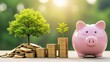 © Tanakorn - Charming pink piggy bank overflowing with gold coins and coins stacked with growing tree symbolize growth, savings, and financial investment