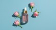 © MD AL AMIN - Elegant composition featuring a glass dropper bottle surrounded by delicate pink roses on blue