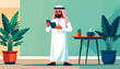 © rio - A man in traditional attire holds a digital device in a modern, plant-filled interior