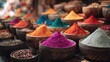 © TRAVEL MOSAIC - Vibrant Spice Market Display: A vivid array of aromatic spices and herbs, artfully arranged in rustic bowls. Capturing the essence of a colorful, exotic marketplace.