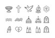© Svitlana - Christian Baptism Icons. Christian baptism. Line icon set of christian baptism: holy water basin, scriptural cross, gentle dove descent, symbolic flame, water