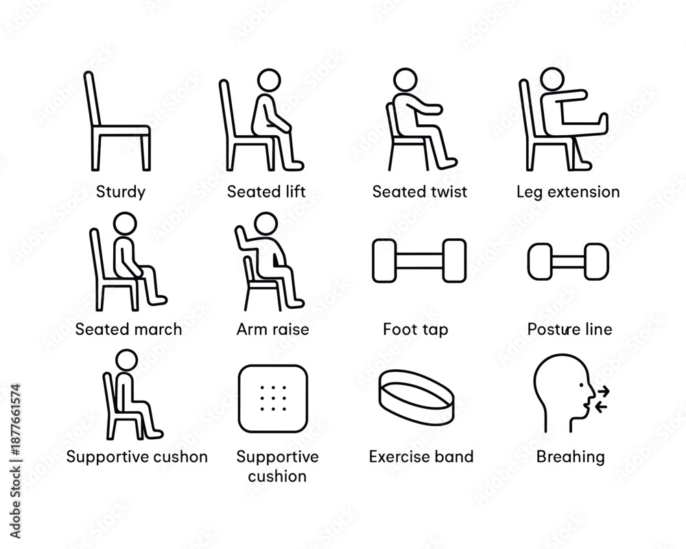 Chair-based Fitness Icons. Chair-based fitness. Line icon set of Chair ...