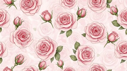  A seamless pattern featuring delicate pink roses and budding rose blossoms