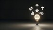 © Yuliia - Glowing brain lightbulb with floating construction icons on dark background representing innovative building solutions and creative engineering concepts.