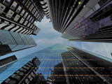 Skycrapers in the "City" of London one of the leading centres of global finance in prospective from below.