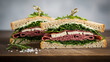 © Aly - Gourmet Deli Meat Sandwich with Fresh Greens, Cheese, and Rosemary on a Wooden Board. Artisan Sourdough Bread with Salami and Herbs for a Nutritious and Healthy Mediterranean Lunch.