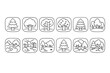 © Alex - Minimal black and white line icon set of forest trees and woodland landscapes, featuring pine, deciduous canopies, groves, paths, and nature scenes