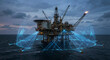 © petrovk - Offshore oil platform at dusk connected to a digital sensor network and smart buoys through blue holographic light beams for remote monitoring and industrial safety