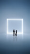 © Lustre Art Group  - Futuristic artwork with two people inside glowing square frame. Concept of immersive technology demos, startup pitches, digital installations, innovation labs and future focused business content.