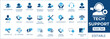 © FlatCore Studio - Tech support and customer service icon set featuring help desk, technical assistance, hotline, support, live chat, maintenance, troubleshooting, and call center agent symbols.