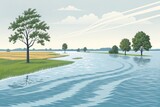 Overflowing River Landscape With Rising Water Levels And Distant Trees Under A Cloudy Sky