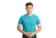 © Tati - Young man wearing a turquoise T-shirt and jeans stands against a transparent background with hands clasped, short styled hair and a neutral expression, photographed in a clean studio portrait