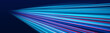 © Ole moda - Futuristic blue, purple neon laser streaks curve along a dark city road at night. Glowing motion violet trails, energy swirls, and wave lines show high-speed traffic flow. Vector illustration.