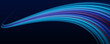 © Ole moda - Futuristic blue, purple neon laser streaks curve along a dark city road at night. Glowing motion violet trails, energy swirls, and wave lines show high-speed traffic flow. Vector illustration.