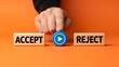 © Pixel Stone - Deciding between accepting or rejecting an offer or proposal requires careful consideration of the options presented on wooden blocks.
