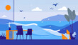 © sonic - Bright sunny day with desk and chairs overlooking a tranquil ocean and mountain vista