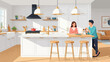 © seksi - Bright kitchen with island, couple and dog, sunny day