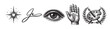 © Bogdan - Illustration showing vintage style engraved symbols including a star, signature, eye, hand, and artist palette on a white background.