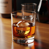 Whiskey glass with ice sphere amber liquid transparent background studio shot