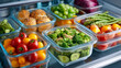 © Nataliya - Glass containers organized in refrigerator, healthy meal prep storage, weekly planning system, clean eating organization, with copy space